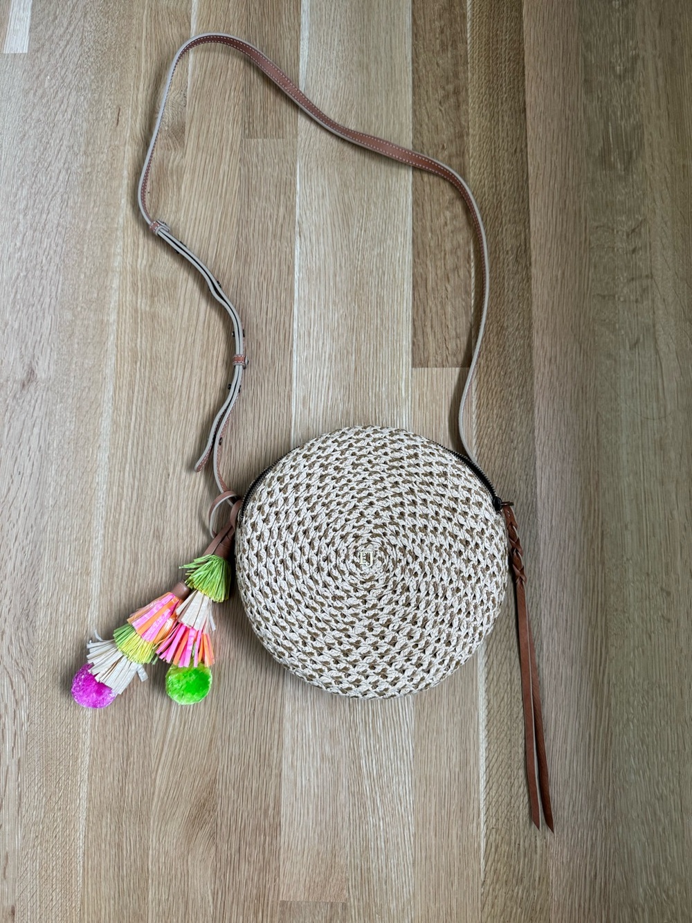 Eric Javits Straw Circle Bag with Coral and Tan Interior